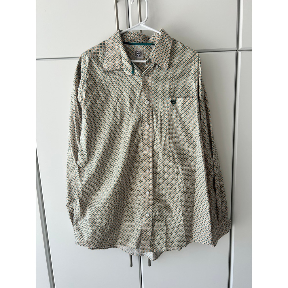 Cinch‎ Mens Large Tan Cream Green Orange Geometric Diamond Western Button Down